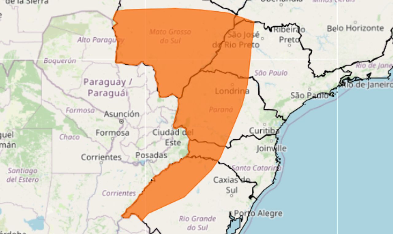 O mapa mostra &agrave;s &aacute;reas em alerta laranja para tempestade